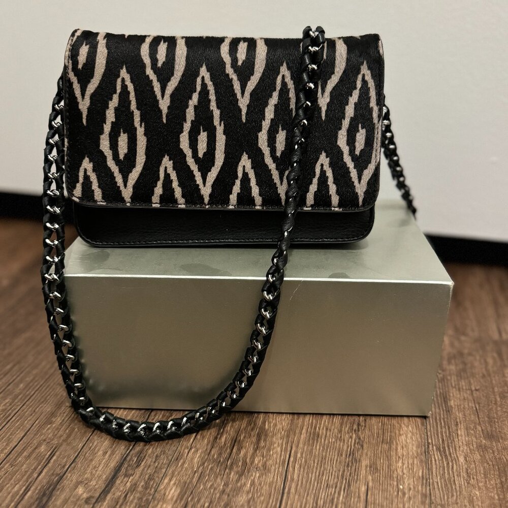 Aimee Kestenberg Black Leather Crossbody-Chain Handbag with B&W  Print Fur